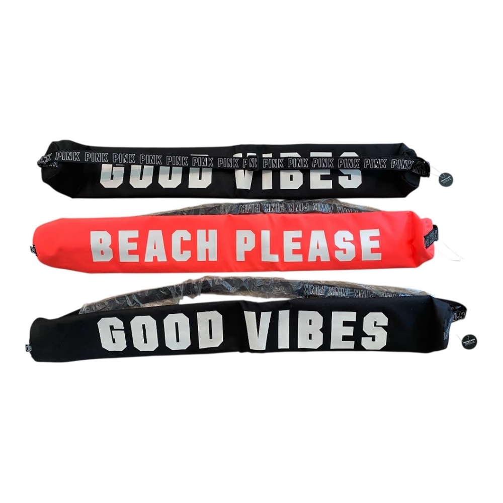 3 NWT Victoria’s Secret Pink Sling Bag Coolers Good Vibes + Beach Please - Black